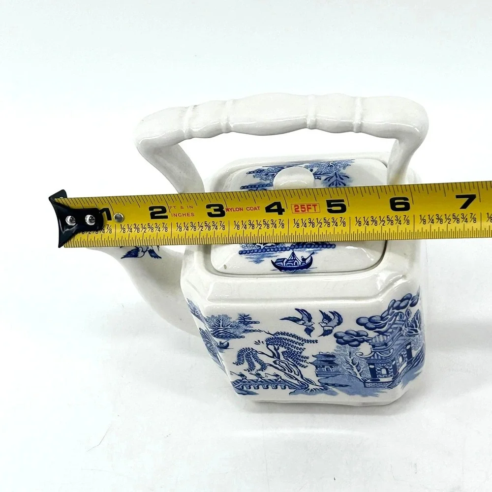 Churchill Blue Willow Chinoiserie Ceramic Teapot Blue White Pagoda Square Base